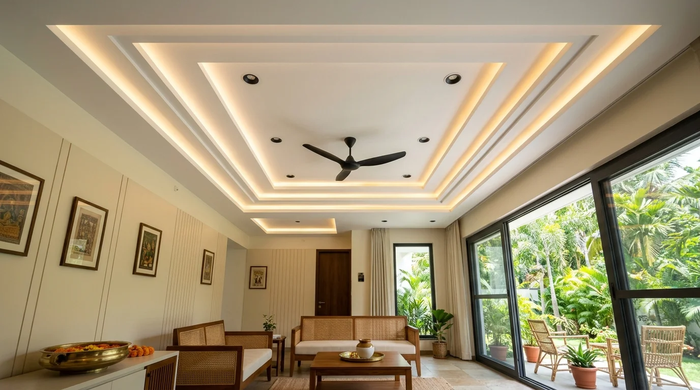 Modern 3-tier gypsum false ceiling with warm architectural cove lighting in living hall