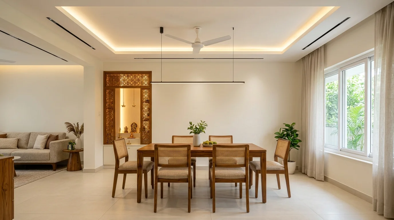Floating false ceiling with magnetic track profile lighting and backlit alcove