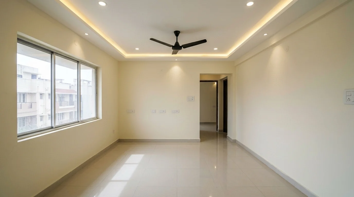 Room after renovation with finished gypsum tray ceiling and cove lighting
