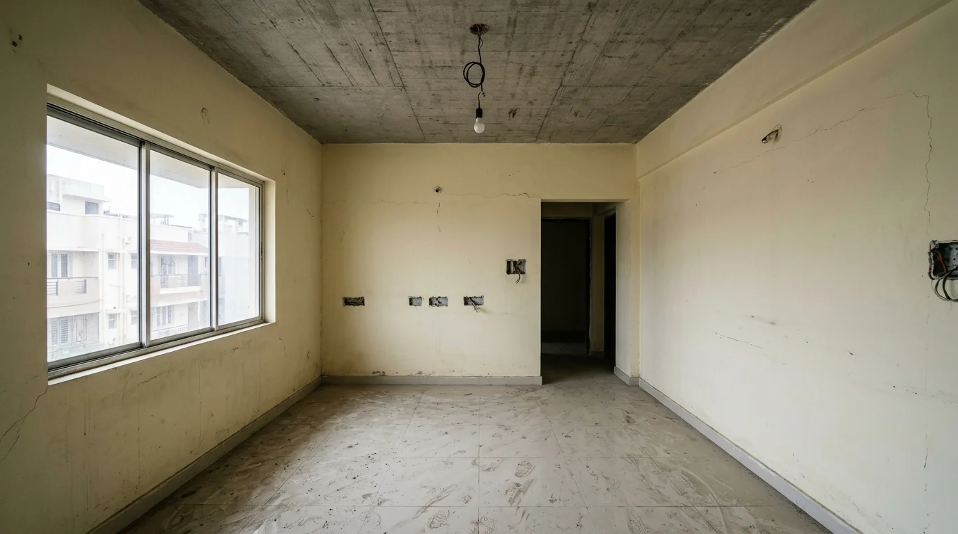 Room before renovation with bare concrete slab and exposed wires