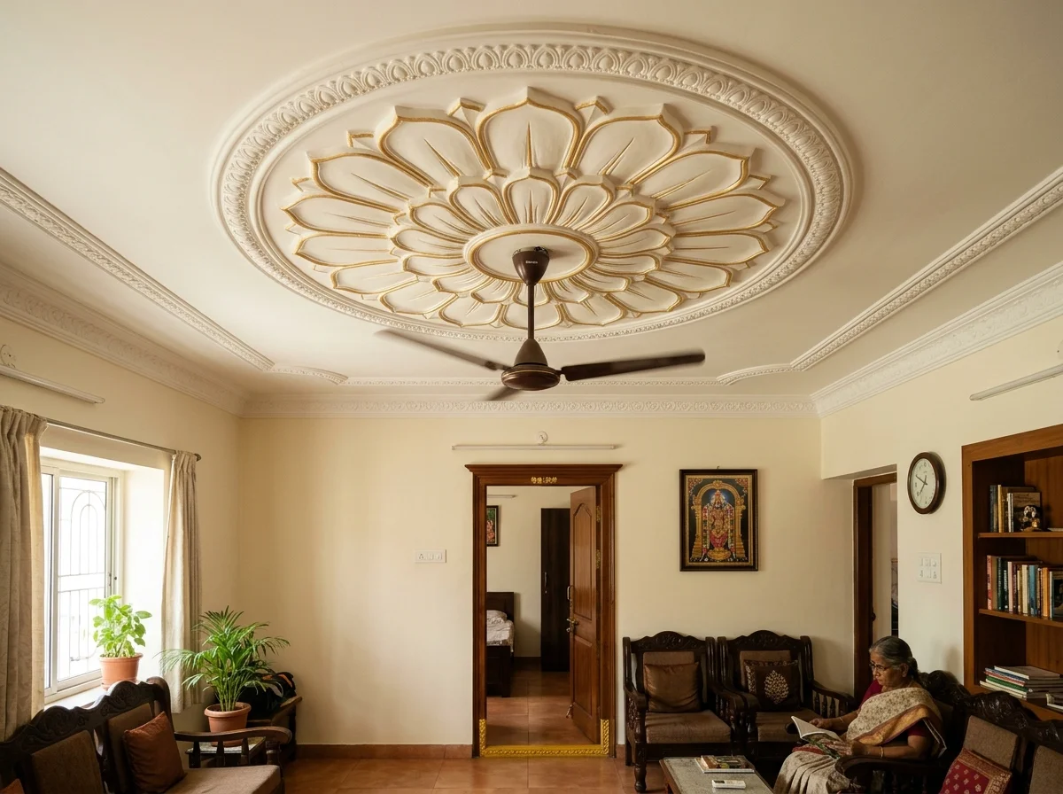 Traditional handcrafted POP lotus ceiling medallion with gold trim