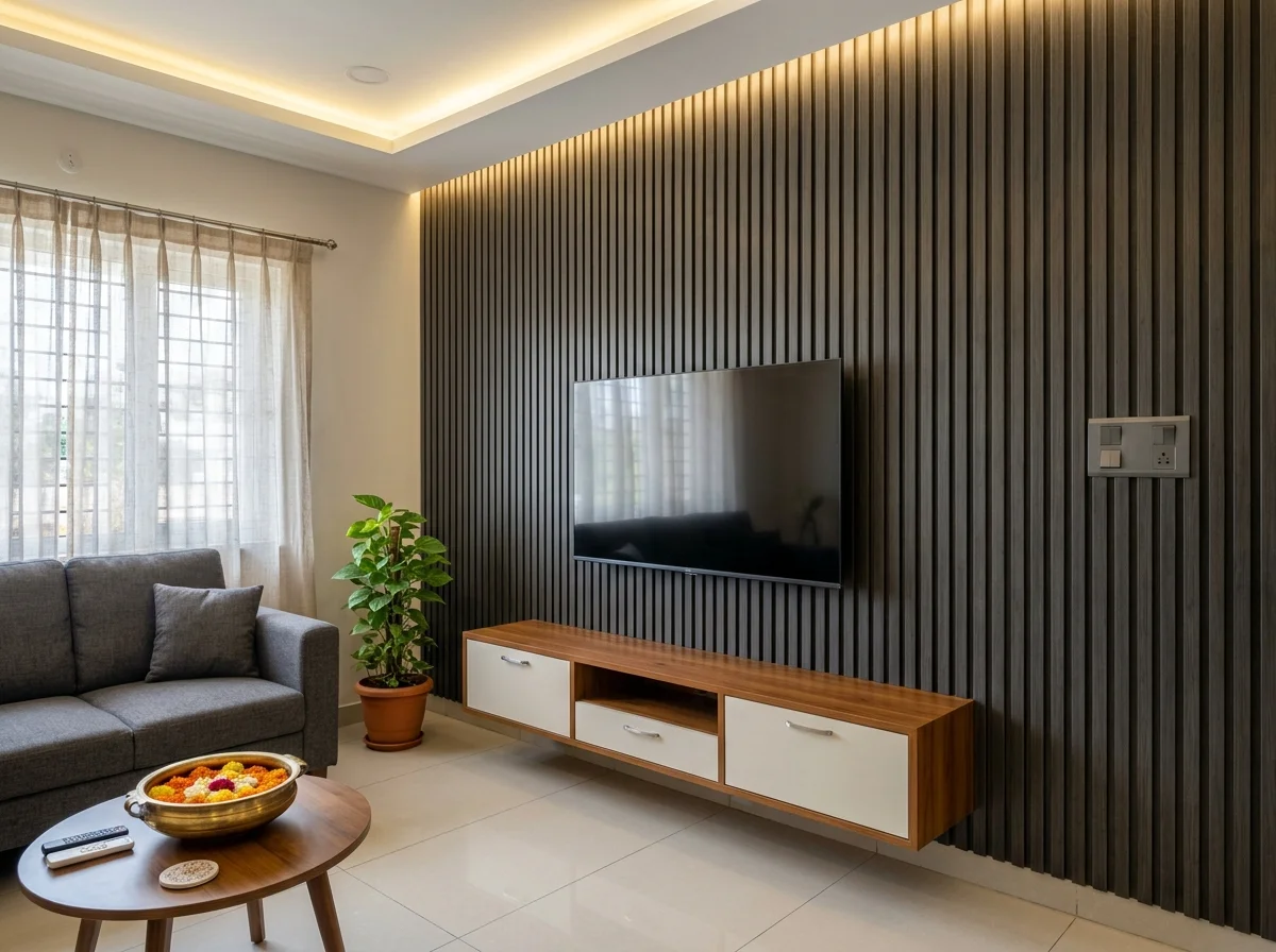 Living room PVC wall louvers and TV backdrop